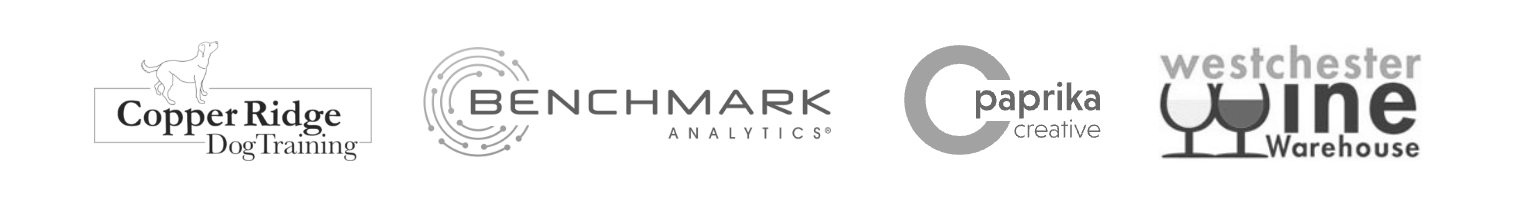 Client logos: Copper Ridge Dog Training, Benchmark Analytics, Paprika Creative and Westchester Wine Warehouse